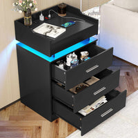 Sikaic Nightstand Large Nightstand with Charging Station and LED Lights Black