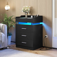 Sikaic Nightstand Large Nightstand with Charging Station and LED Lights Black