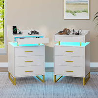 Sikaic Nightstand LED Nightstand with Charging Station and 3 Drawers and 1 Pull-Out Tray White and Gold
