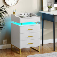 Sikaic Nightstand LED Nightstand with Charging Station and 3 Drawers and 1 Pull-Out Tray White and Gold