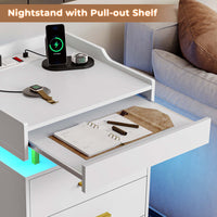 Sikaic Nightstand LED Nightstand with Charging Station and 3 Drawers and 1 Pull-Out Tray White and Gold