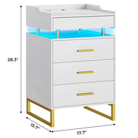 Sikaic Nightstand LED Nightstand with Charging Station and 3 Drawers and 1 Pull-Out Tray White and Gold