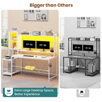 Sikaic Gaming Desk Led Gaming Desk with Power Outlets and Glass Display Cabinet Monitor Stand Hooks CPU Stand White