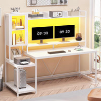 Sikaic Gaming Desk Led Gaming Desk with Power Outlets and Glass Display Cabinet Monitor Stand Hooks CPU Stand White