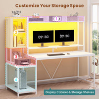 Sikaic Gaming Desk Led Gaming Desk with Power Outlets and Glass Display Cabinet Monitor Stand Hooks CPU Stand White