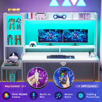 Sikaic Gaming Desk Led Gaming Desk with Power Outlets and Glass Display Cabinet Monitor Stand Hooks CPU Stand White