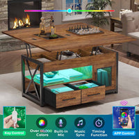 Sikaic Coffee Table 40 Inches 4 in 1 Lift Top Coffee Table with Storage Cabinet 2 Fabric Drawers & LED Light for Dining Room Brown