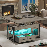 Sikaic Coffee Table 40 Inches 4 in 1 Lift Top Coffee Table with Storage Cabinet 2 Fabric Drawers & LED Light for Dining Room Grey