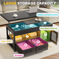 Sikaic Coffee Table 40 Inches 4 in 1 Lift Top Coffee Table with Storage Cabinet 2 Fabric Drawers & LED Light for Dining Room Black