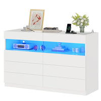 Sikaic Dresser White Dresser for Bedroom with LED Lights Charging Station Modern Double Wide Drawer Organizer Cabinet