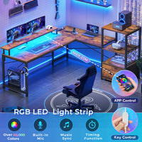 Sikaic Gaming Desk 51 Inches Reversible LED Lights L Shaped Gaming Desk with Power Outlets & Fabric File Drawer Monitor Stand and Hooks Rustic Brown