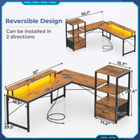 Sikaic Gaming Desk 51 Inches Reversible LED Lights L Shaped Gaming Desk with Power Outlets & Fabric File Drawer Monitor Stand and Hooks Rustic Brown