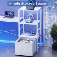 Sikaic Gaming Desk 51 Inches Reversible LED Lights L Shaped Gaming Desk with Power Outlets & Fabric File Drawer Monitor Stand and Hooks White