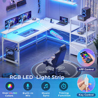Sikaic Gaming Desk 51 Inches Reversible LED Lights L Shaped Gaming Desk with Power Outlets & Fabric File Drawer Monitor Stand and Hooks White