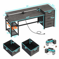 Sikaic Gaming Desk 59 Inches Reversible Gaming Desk with LED Lights & Power Outlet File Drawers and Storage Grey