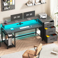 Sikaic Gaming Desk 59 Inches Reversible Gaming Desk with LED Lights & Power Outlet File Drawers and Storage Grey