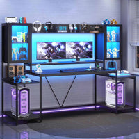 Sikaic Gaming Desk 74.8 Inches Large PC Ergonomic Gaming Desk with LED Lights Hutch and Storage Shelves Monitor Stand Black