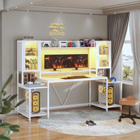 Sikaic Gaming Desk 74.8 Inches Large PC Ergonomic Gaming Desk with LED Lights Hutch and Storage Shelves Monitor Stand White