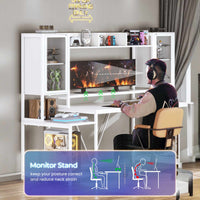 Sikaic Gaming Desk 74.8 Inches Large PC Ergonomic Gaming Desk with LED Lights Hutch and Storage Shelves Monitor Stand White