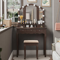 Sikaic Makeup Vanity Makeup Vanity Set with Lighted Mirror Stool Drawers and Cushioned Stool Brown