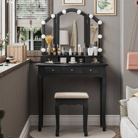 Sikaic Makeup Vanity Makeup Vanity Set with Lighted Mirror Stool Drawers and Cushioned Stool Black