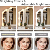 Sikaic Makeup Vanity Makeup Vanity Set with Stool and Lights Charging Station Tri-Fold Mirror & Necklace Hooks White