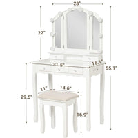 Sikaic Makeup Vanity Makeup Vanity Set with Stool and Lights Charging Station Tri-Fold Mirror & Necklace Hooks White