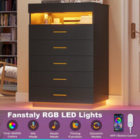 Sikaic Dresser Modern Floating Black Dresser Chest of 5 Drawers with Pull-Out Shelf and Open Storage & LED Lights