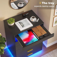 Sikaic Dresser Modern Floating Black Dresser Chest of 5 Drawers with Pull-Out Shelf and Open Storage & LED Lights