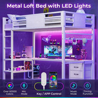 Sikaic Bed Frame Metal Loft Bed Frame Twin Size with L-Shaped Desk LED Lights Charging Station Drawers & Shelve White