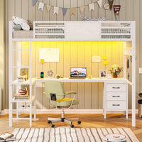 Sikaic Bed Frame Metal Loft Bed Frame Twin Size with L-Shaped Desk LED Lights Charging Station Drawers & Shelve White