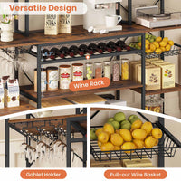 Sikaic Coffee Bar Coffee Bar with Power Outlet and Bakers Rack Microwave Stand Storage Shelves Wine Rack Goblet Holder Hooks Wire Basket Brown