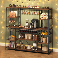 Sikaic Coffee Bar Coffee Bar with Power Outlet and Bakers Rack Microwave Stand Storage Shelves Wine Rack Goblet Holder Hooks Wire Basket Brown