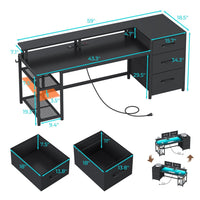 Sikaic Gaming Desk 59 Inches Reversible Gaming Desk with LED Lights & Power Outlet File Drawers and Storage Black