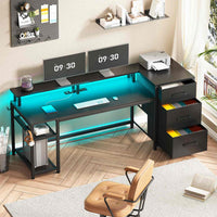 Sikaic Gaming Desk 59 Inches Reversible Gaming Desk with LED Lights & Power Outlet File Drawers and Storage Black