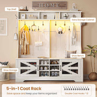 Sikaic Hall Tree 59.1 Inches 5-in-1 Hall Tree with Bench and 16 Shoe Cubbies Coat Hooks Barn Door & Adjustable Shelf Embossed White