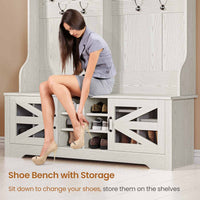 Sikaic Hall Tree 59.1 Inches 5-in-1 Hall Tree with Bench and 16 Shoe Cubbies Coat Hooks Barn Door & Adjustable Shelf Embossed White