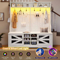 Sikaic Hall Tree 59.1 Inches 5-in-1 Hall Tree with Bench and 16 Shoe Cubbies Coat Hooks Barn Door & Adjustable Shelf Embossed White