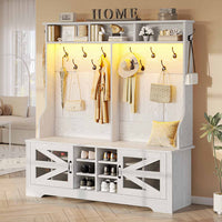 Sikaic Hall Tree 59.1 Inches 5-in-1 Hall Tree with Bench and 16 Shoe Cubbies Coat Hooks Barn Door & Adjustable Shelf Embossed White