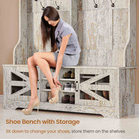Sikaic Hall Tree 59.1 Inches 5-in-1 Hall Tree with Bench and 16 Shoe Cubbies Coat Hooks Barn Door & Adjustable Shelf Vintage White