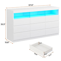 Sikaic Dresser White Dresser Chest of 9 No-Handle Drawers with LED RGB Lights for Bedroom