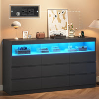 Sikaic Dresser Black Dresser Chest of 9 No-Handle Drawers with LED RGB Lights for Bedroom