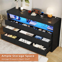 Sikaic Dresser Black Dresser Chest of 9 No-Handle Drawers with LED RGB Lights for Bedroom
