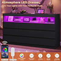 Sikaic Dresser Black Dresser Chest of 9 No-Handle Drawers with LED RGB Lights for Bedroom