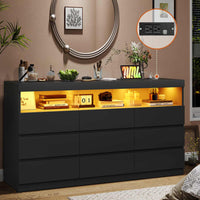 Sikaic Dresser Black Dresser Chest of 9 No-Handle Drawers with LED RGB Lights for Bedroom