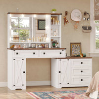 Sikaic Makeup Vanity 56.5 Inches Makeup Vanity Desk with Hollywood Mirror and Charging Station Open Shelves 5 Drawers 2 Cabinets for Bedroom White