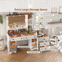 Sikaic Makeup Vanity 56.5 Inches Makeup Vanity Desk with Hollywood Mirror and Charging Station Open Shelves 5 Drawers 2 Cabinets for Bedroom White