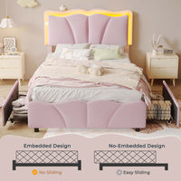 Sikaic Bed Frame Upholstered Platform Led Bed Frame with USB Ports Drawers Pink