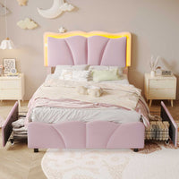 Sikaic Bed Frame Upholstered Platform Led Bed Frame with USB Ports Drawers Pink
