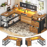 Sikaic Gaming Desk 67 Inches Reversible L Shaped Gaming Desk with Power Outlet LED Lights & Drawers Storage Shelves Rustic Brown